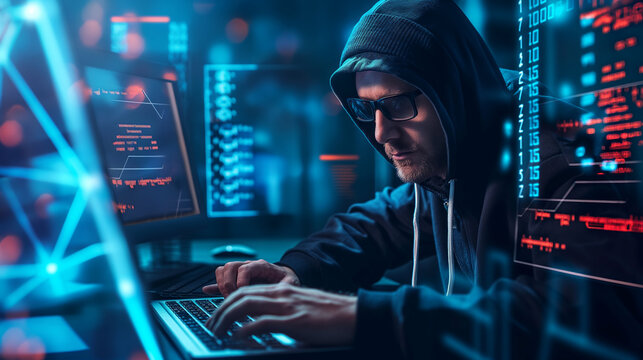 Hacker in hat, man with hidden face, accesses personal information on laptop in the dark technology concept cyber crime cyber security Cryptography and hackers in server room with holograms