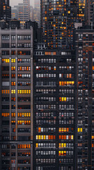 Digital city illustration with black skyscrapers and illuminated windows like data on a computer screen