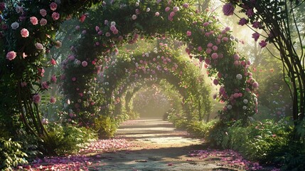 Petal-covered arches intertwine to form an enchanting flower tunnel, leading to a secret garden...