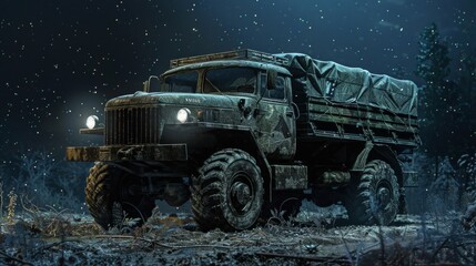 Night photo of army Off-road truck with headlights.