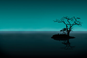 Fantastic landscape with a lone tree on an island in the middle of a lake.  Night lake with reflection of a tree in the water.