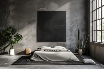 Ai mokup quadro in ambiente camera da letto minimalista 03 - obrazy, fototapety, plakaty
