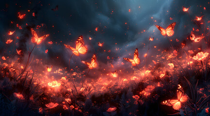 Fototapeta na wymiar Inferno's Garden: Glowing Flora and Flame-Kissed Butterflies in Volcanic Harmony