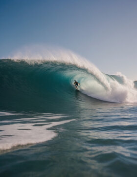 surfist in the wave, a radical image of surf, sunny day, packshot in surfist on top of wave, top view
