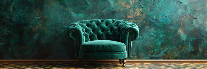 Luxurious Emerald Armchair in a Minimalistic Room - Stock Photo