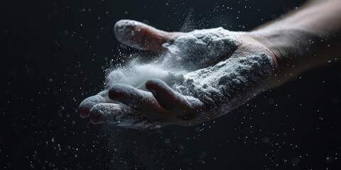 Male athlete's hand in white magnesia powder for grip on sports equipment. - obrazy, fototapety, plakaty
