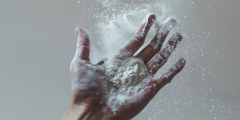 Male athlete's hand in white magnesia powder for grip on sports equipment.