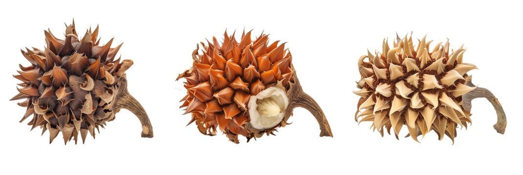 set of chinquapin, showcasing their thick, spiny burs and edible nuts, isolated on transparent background