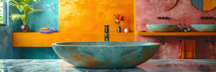 Bright Orange-Teal Bathroom Design with Modern Faucet and Stove