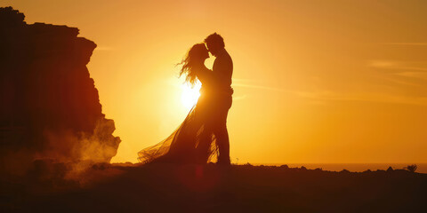 Silhouette of a couple kissing in love against the sunset. Romantic date in nature, falling in love, feelings. - obrazy, fototapety, plakaty