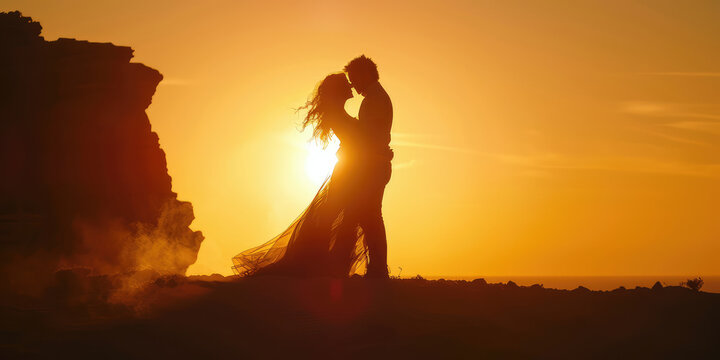 Silhouette of a couple kissing in love against the sunset. Romantic date in nature, falling in love, feelings.