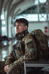 Fototapeta premium Depressed soldier with a backpack. He is sitting in the airport waiting room. An emotional pause on the road home.