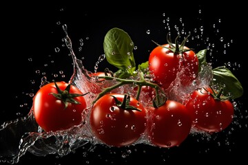 Tomatoes falling into the water on a black background,ai generated