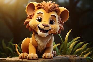 3d cartoon little lion in nature,ai generated