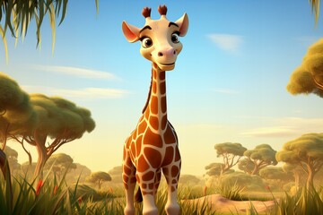 cartoon 3d adorable giraffe in the savannah,ai generated