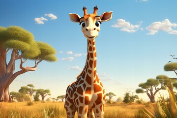 cartoon 3d giraffe in the savannah,ai generated