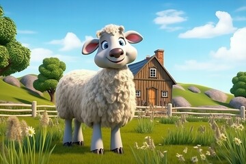 cartoon 3d cute sheep in the farm,ai generated