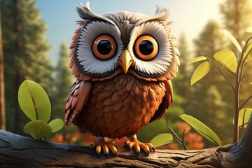 cartoon 3d owl on a branch,ai generated