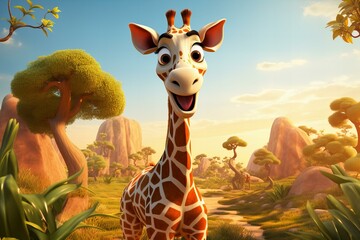 cartoon 3d giraffe in the wild,ai generated