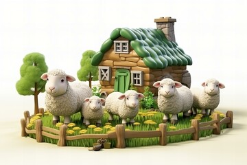 3d cartoons flock of sheep on the farm,ai generated