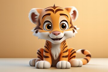 cartoon 3d adorable baby tiger on beige background,ai generated