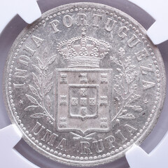 Silver coin from India Portuguese. Obverse of a rupee coat of arms from the reign of Dom Carlos I