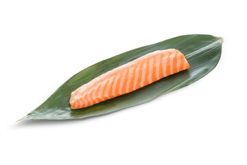 Salmon Belly (Salmon Toro) on bamboo leaf , preparing for sushi sashimi on a white background (isolated & Clipping path)
