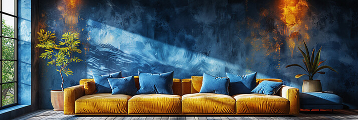 Indigo Cobalt Blue Accent Wall in Minimalistic Living Room Design - obrazy, fototapety, plakaty