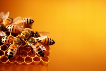 Worker bees on honeycomb macro. Honeycomb with pollen, honey and nectar. Extracting Honey,copy space,ai generated