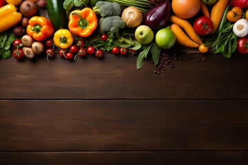 Healthy food. Vegetables and fruits on a brown wooden background. Top view. Copy space.ai generated