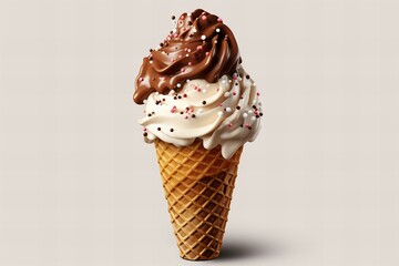 Delicious chocolate ice cream in a waffle cone isolated on a white background, summer dessert, chocolate icecream cone,ai generated