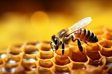 Close-up of a honey bee collecting nectar on a glistening honeycomb,copy space,ai generated