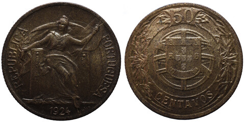 Portuguese 50 Cents aluminium bronze coin. On the obverse the bust of the republic and the year of...