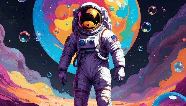 Blog illustration style image of astronaut space guy in out space surrounded by stars and colorful planets