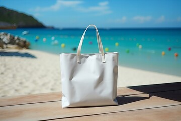 Banner with Blank white cotton tote bag shopper mockup on the beach, blue sea in the background with copy space for text. Template for eco friendly branding and summer promotions,ai generated