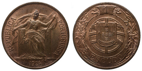 Portuguese 1 Escudo aluminium bronze coin. On the obverse the bust of the republic and the year of...
