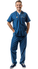 Full body photo of a smiling white male nurse, isolated on white