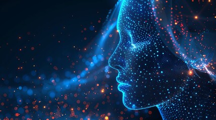 Ethereal digital human profile in glowing blue dots on a dark background