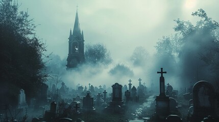 A ghostly fog over a graveyard, bones eerily visible through the haze - obrazy, fototapety, plakaty