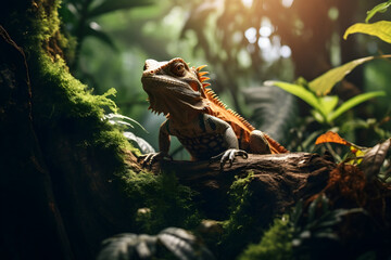 Small lizard resting comfortably atop tree branch, basking in sunlight.