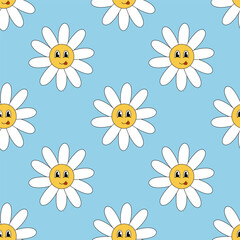 Fototapeta na wymiar Retro 70s 60s 80s Hippie Groovy cute Daisy Flowers Seamless Pattern. Smiling face. Chamomile Flower power element. Vector flat illustration on blue background.