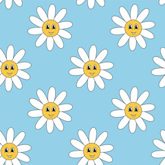 Retro 70s 60s 80s Hippie Groovy cute Daisy Flowers Seamless Pattern. Smiling face with teeth. Chamomile Flower power element. Vector flat illustration on blue background.