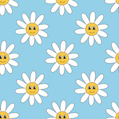 Retro 70s 60s 80s Hippie Groovy cute Daisy Flowers Seamless Pattern. Smiling face. Chamomile Flower power element. Vector flat illustration on blue background.