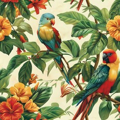 Detailed Tropical Botanical Illustration of Exotic Birds and Flowers