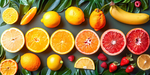 tropical fruits cuts, top view