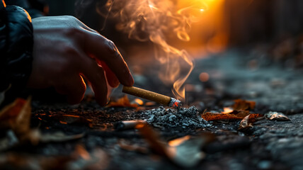 A close-up of a hand stubbing out a cigarette on the asphalt, smoke rising against the backdrop of a setting sun.
 - obrazy, fototapety, plakaty