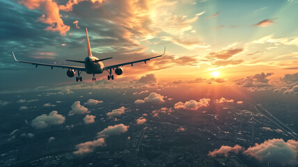 Commercial airplane in flight heading towards a beautiful sunset, with scenic cloudscape and city below.
 - obrazy, fototapety, plakaty