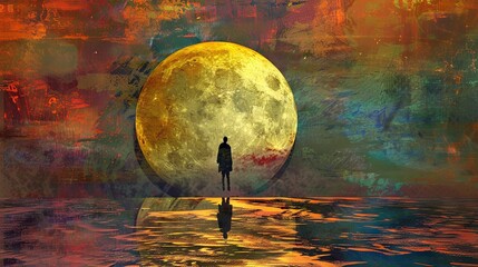 Solitary figure before a golden moon in a textured dreamscape