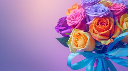 Vibrant rainbow colored rose bouquet with satin ribbon against pastel background