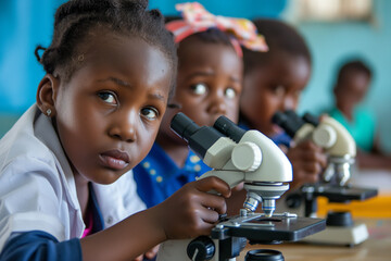 Child scientist doing experiments in the laboratory With a microscope various groups of children, a...